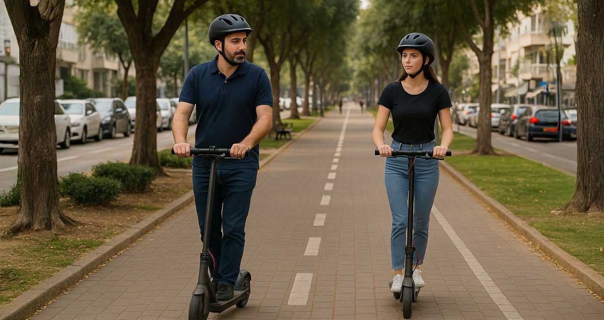 רוכב ורוכבת בקורקינטים חשמליים בשדרה רחבה בין שני כבישים.