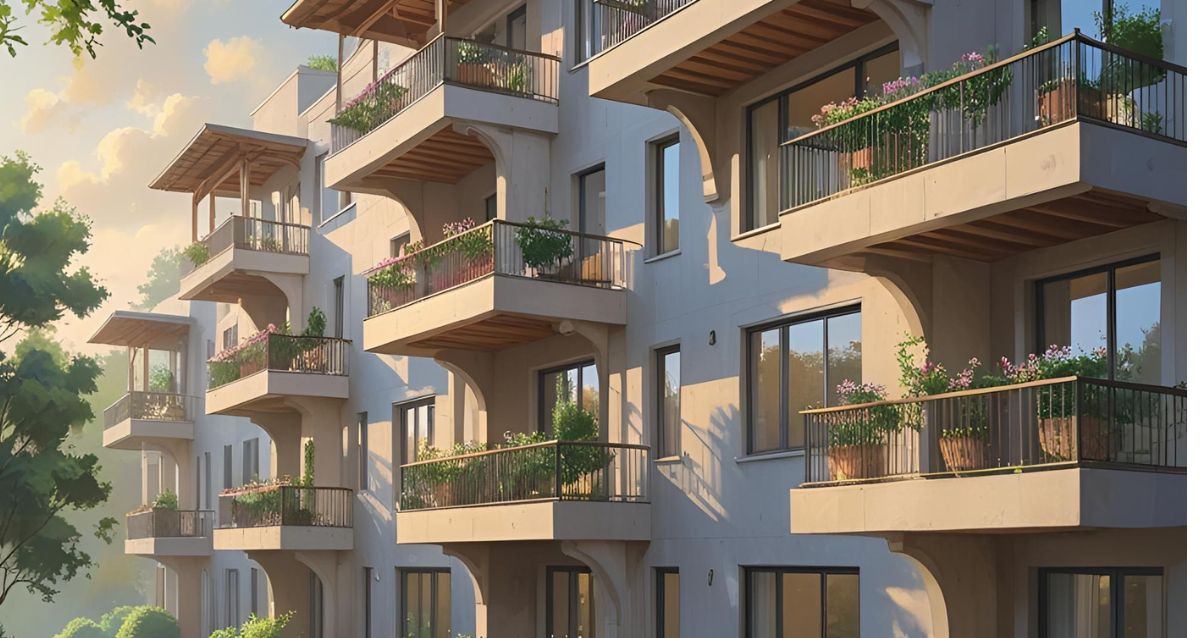 איור אילוסטרציה של שורת ביניינים חדשים עם מרפסת
