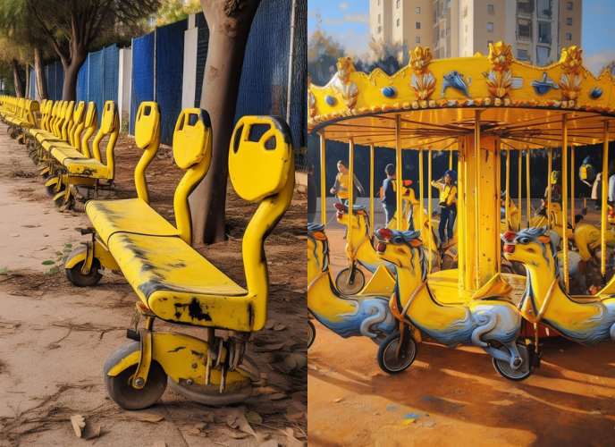 קרוסלה וספסלים מיוצרים מקורקינטים צהורים, הדמיה בינה מלאכותית: רם כהן