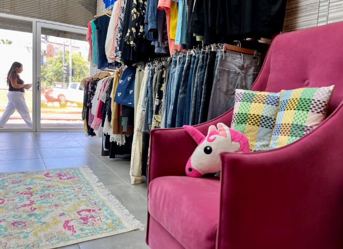 בוטיק גוריון - כורסא ורודה ולידה מתלה עם בגדים שמסודרים לפי צבעים. צילום: מיכל חנוכה