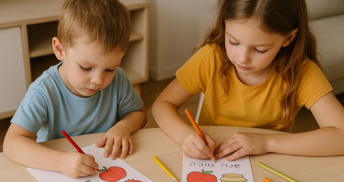ילד וילדה יושבים ליד שולחן יצירה וצובעים דף עם סימני חג ראש השנה - תפוח, דבש, רימון. הדמיית בינה מלאכותית: מרחב אונליין