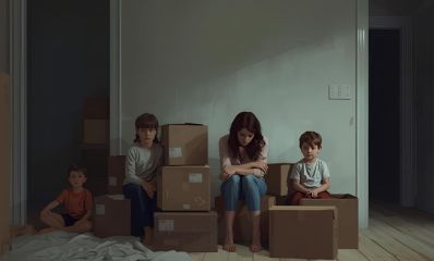 אמא וילדיה יושבים עצובים בדירה עם ארזים של מעבר, הדמיית בינה מלאכותית: מרחב אונליין