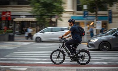 גבר רוכב על אופניים חשמליים בעיר, הדמיית בינה מלאכותית: מרחב אונליין