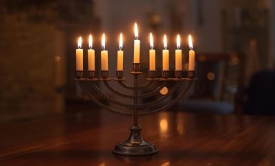 חנוכיה דולקת עם 8 נרות ושמש על שולחן. הדמיית בינה מלאכותית: מרחב אונליין